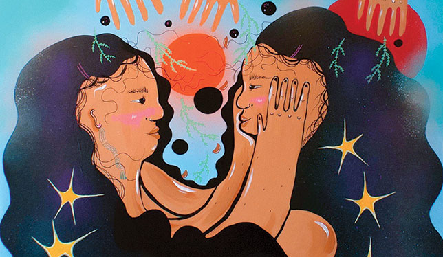 Illustration of an indigenous women holding another's face.
