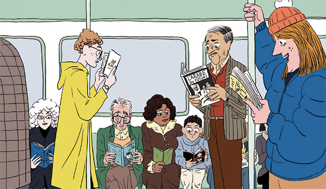 Illustration of people on a train.