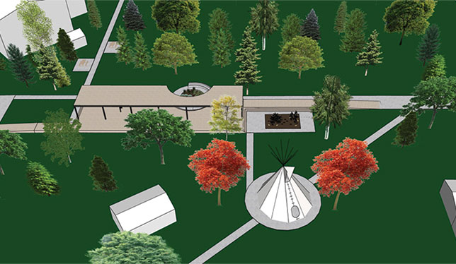 conceptual drawing of the Universite Moncton campus with trees.