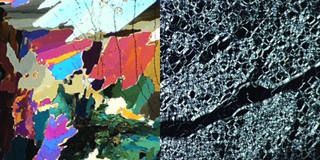 Thin film of cholesteryl benzoate observed by polarized microscopy in the crystalline phase at 140C (left), and in the liquid crystalline phase at 150C (right)