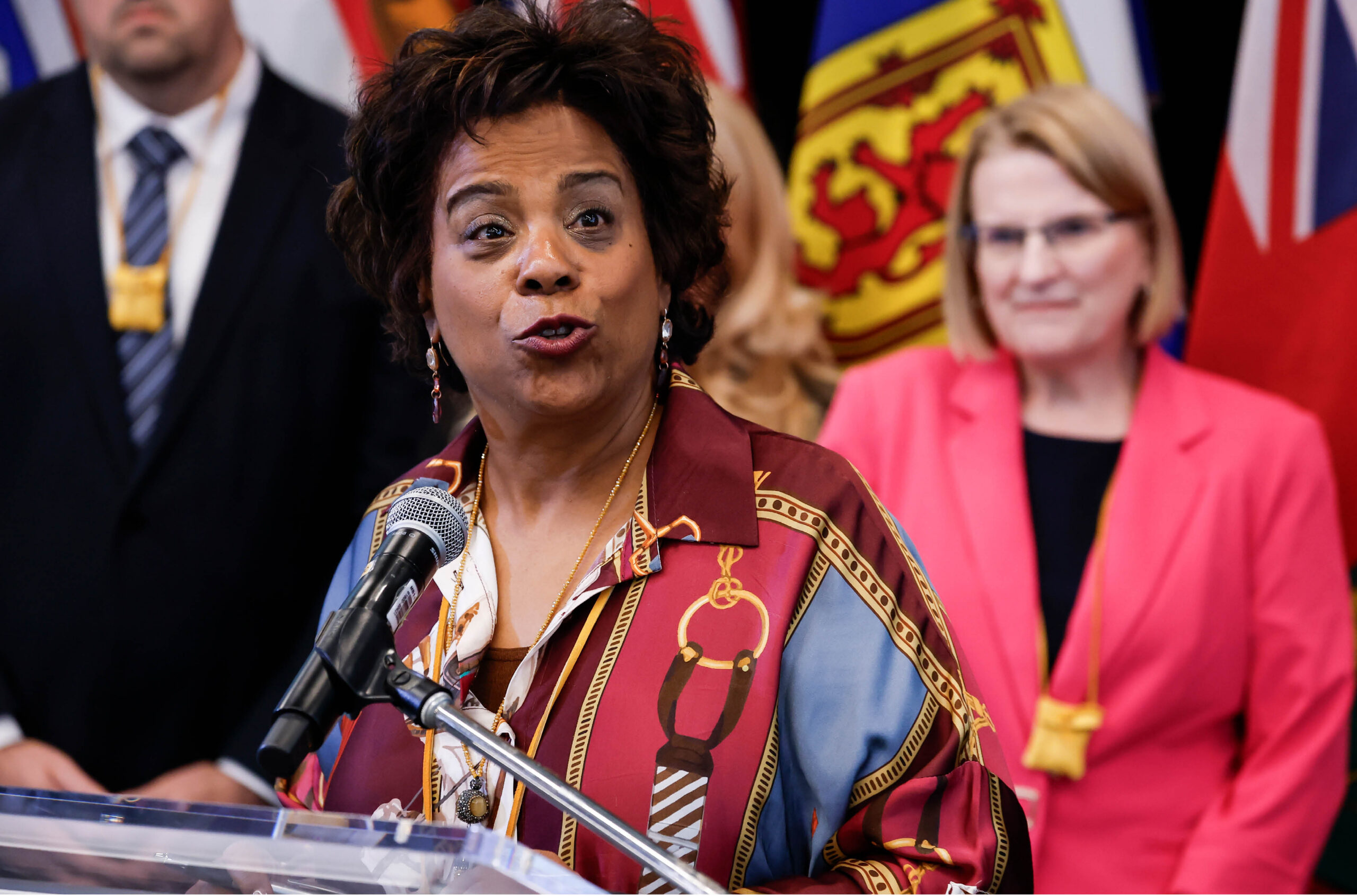 Federal Health Minister Marjorie Michel speaks to media at a meeting of Canadian health ministers in Winnipeg. (Photo by: THE CANADIAN PRESS/John Woods)